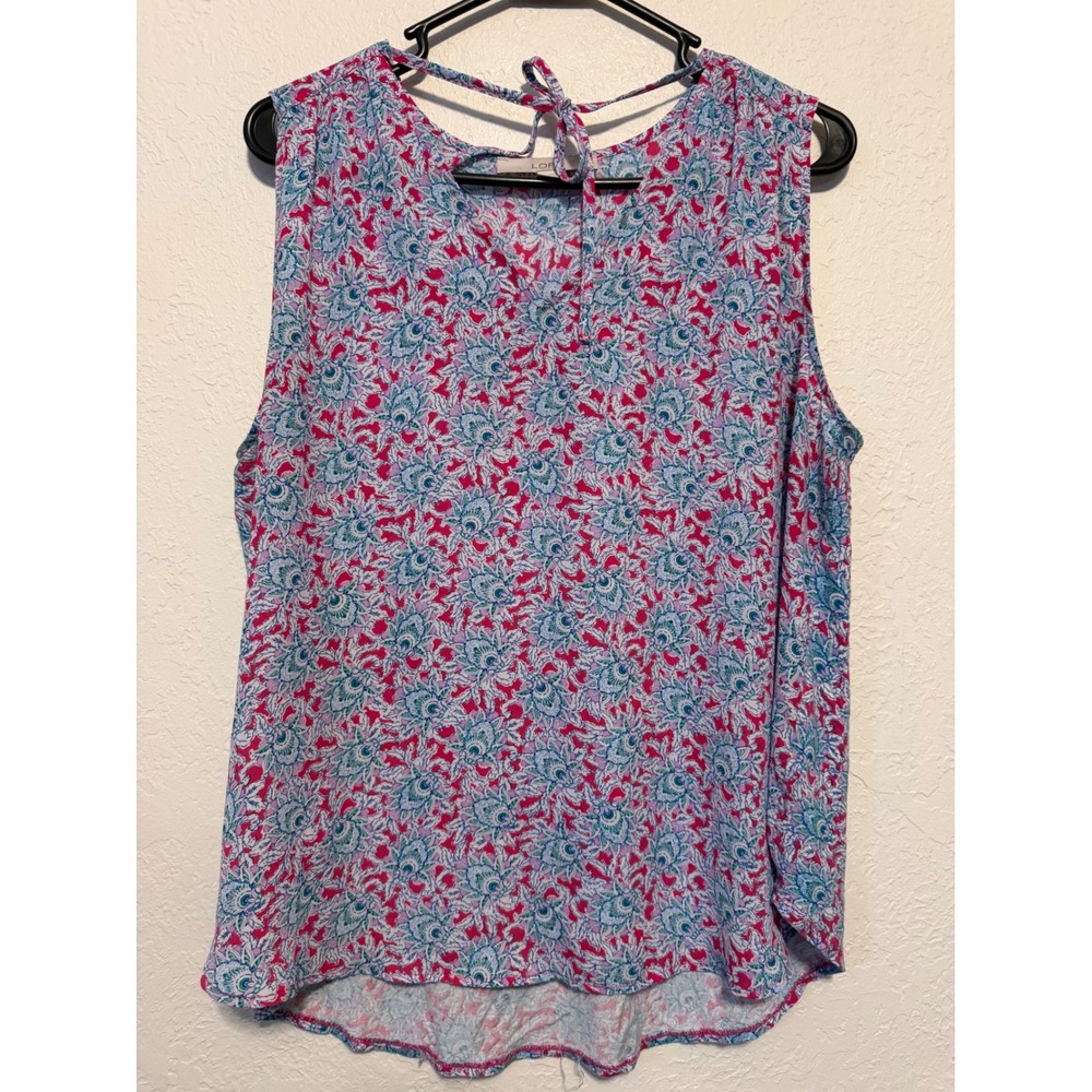 Loft Pink Blue Floral Paisley Sleeveless Blouse Tie Back High Low Top L 610529
